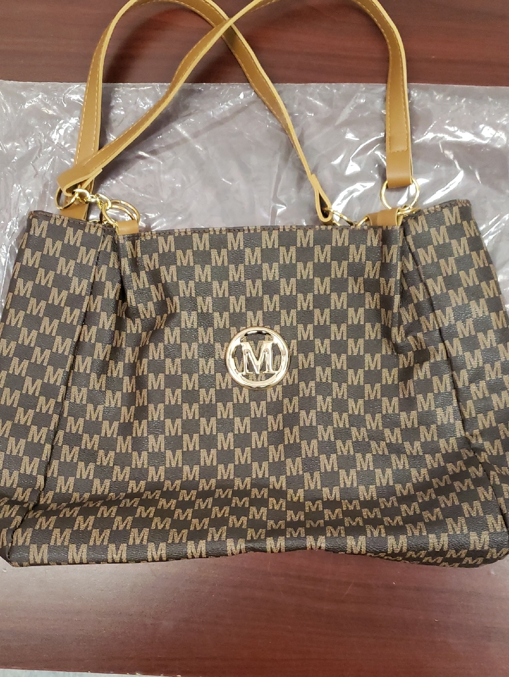 Monogram M Brown Tote Bag with Gold Accent